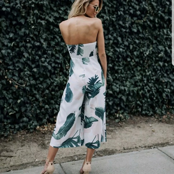 Strapless White Leaves Printed Wide Leg Jumpsuit - Picture 5 of 6